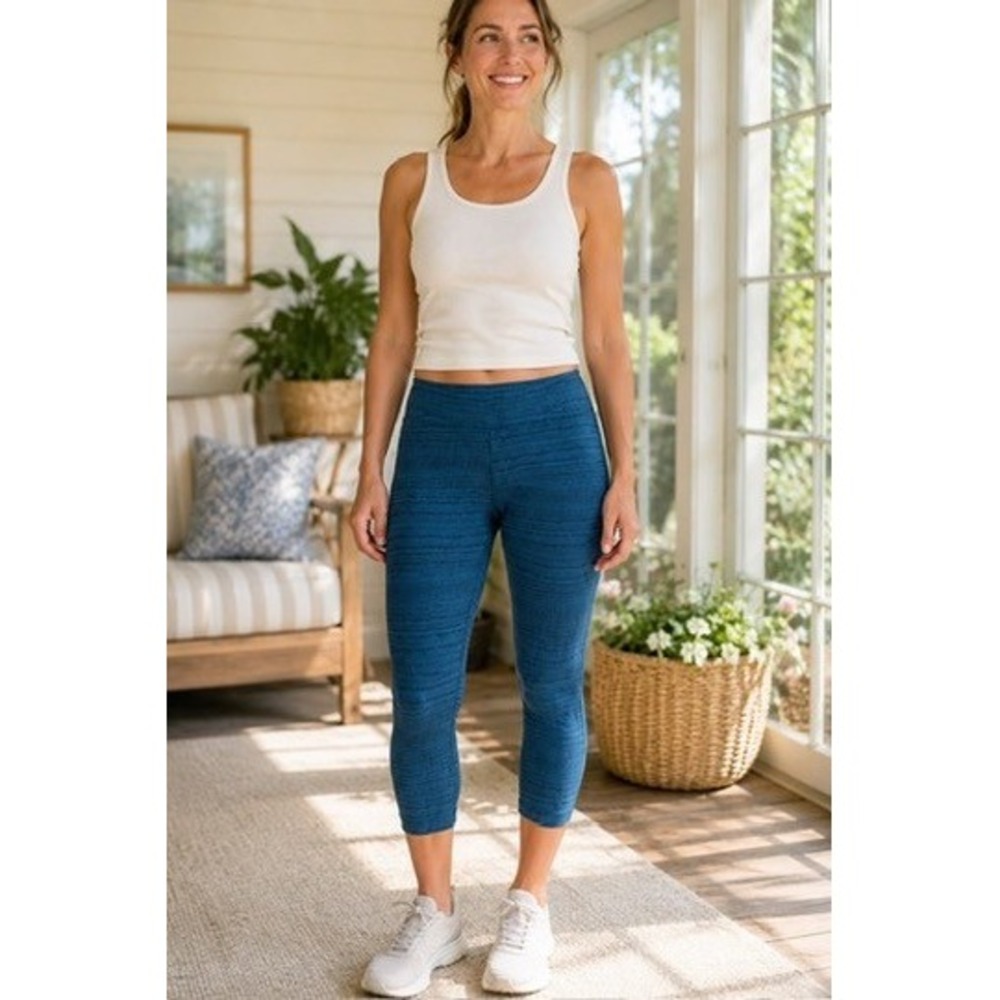 Toad&Co Piru Tight Blue Dash Print Capri Leggings Womens XS Eco Friendly